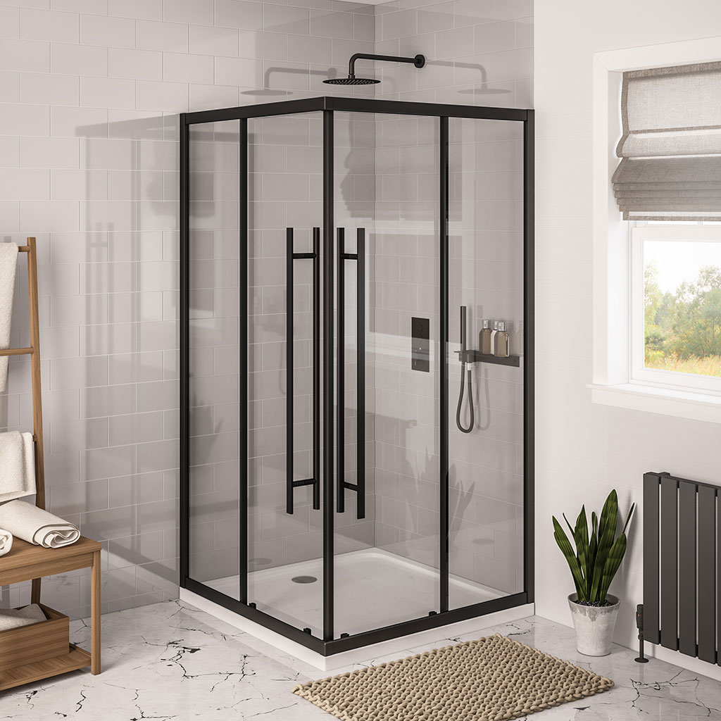 Vantage 2000 6mm Easy Clean 900mm x 760mm Offset Corner Entry Shower Enclosure - Matt Black